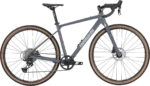 Vista laterale della bicicletta Lombardo Maranello, evidenziando il telaio grigio elegante, le ruote con copertoni marroni e i componenti di alta qualità, progettata per il gravel riding.